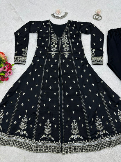 Black tapeta silk heavy embroidered pant suit