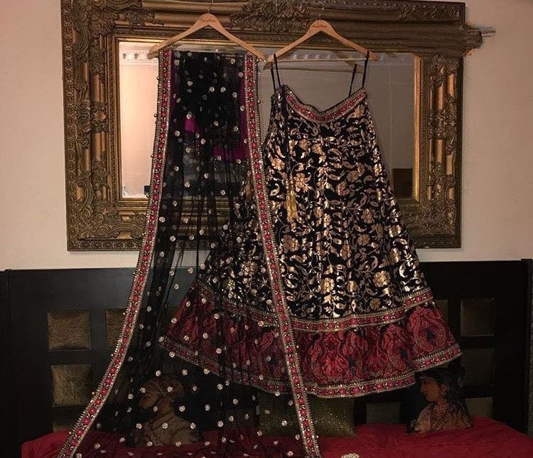 black tapeta silk heavy embroidered wedding lehenga