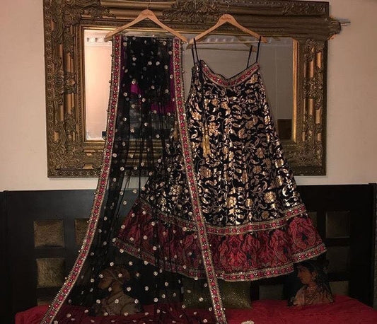 black tapeta silk heavy embroidered wedding lehenga