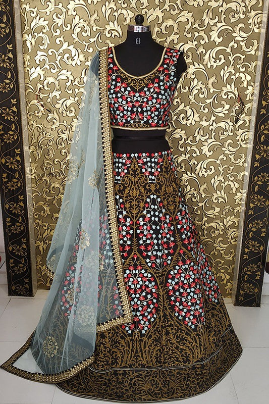Black tapeta silk heavy multicolor threadwork beautiful wedding lehenga