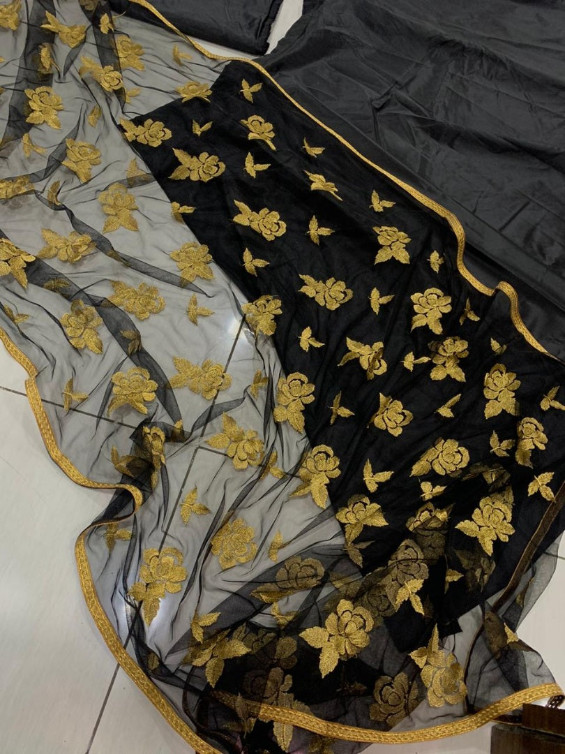 Black tapeta silk lehenga with embroidery dupatta