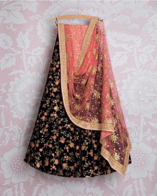 Black tapeta silk multi colored embroidered lehenga choli