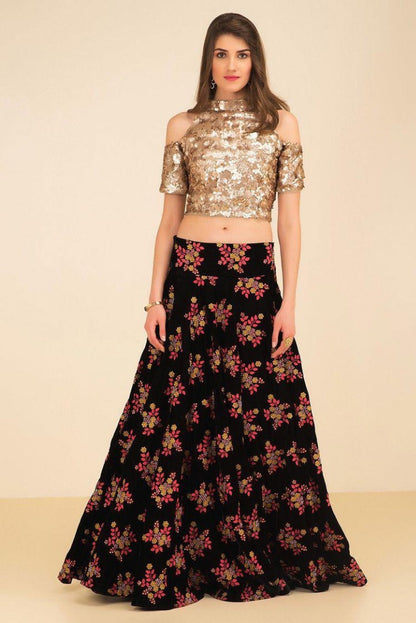 Black tapeta silk multi thread embroidered crop top lehenga