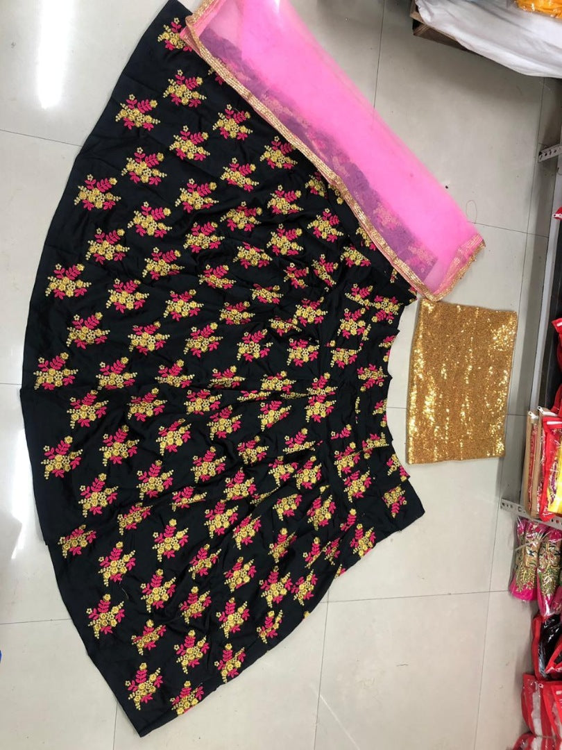 Black tapeta silk multi thread embroidered crop top lehenga