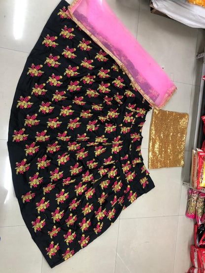 Black tapeta silk multi thread embroidered crop top lehenga