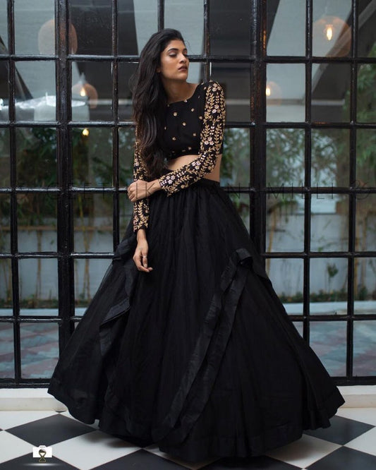 black tapeta silk partywear lehenga with embroidered blouse