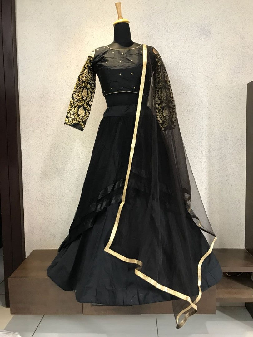 black tapeta silk partywear lehenga with embroidered blouse