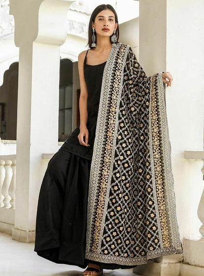 Black tapeta silk partywear plazzo suit with heavy embroidery dupatta