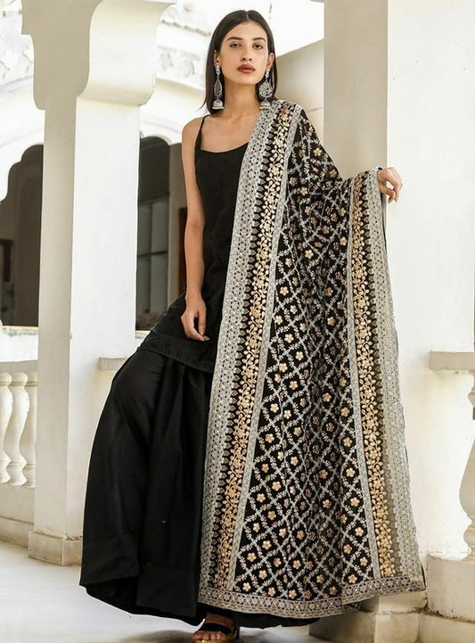 Black tapeta silk partywear plazzo suit with heavy embroidery dupatta