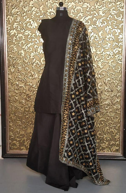 Black tapeta silk partywear plazzo suit with heavy embroidery dupatta