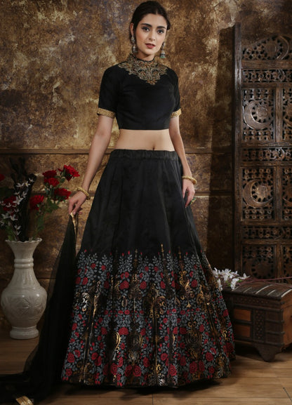 Black thai silk metallic foil work bridal lehenga choli