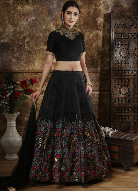 Black thai silk metallic foil work bridal lehenga choli