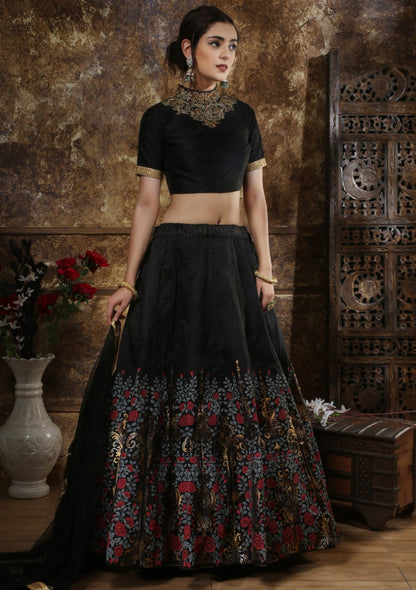 Black thai silk metallic foil work bridal lehenga choli