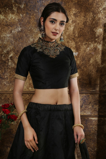 Black thai silk metallic foil work bridal lehenga choli