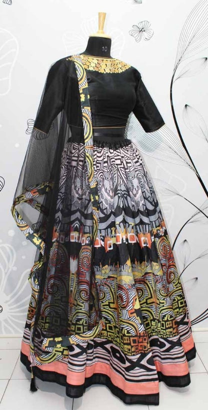 black thai silk multi color digital printed navratri festival wear lehenga choli
