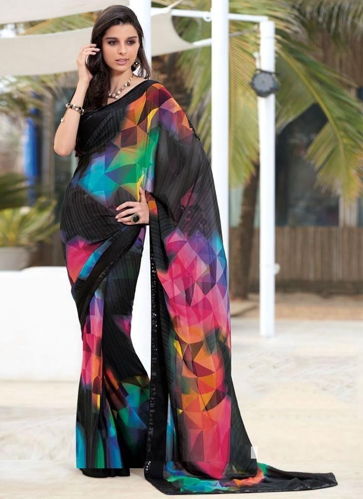 Black ultra satin multicolor printed saree
