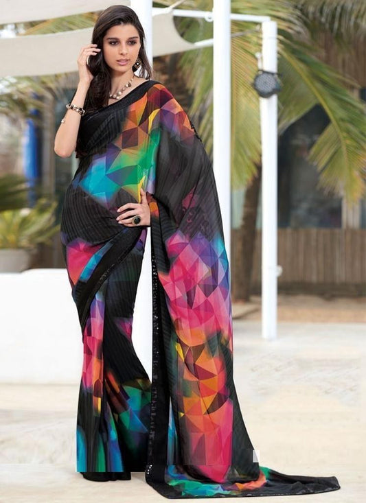 Black ultra satin multicolor printed saree