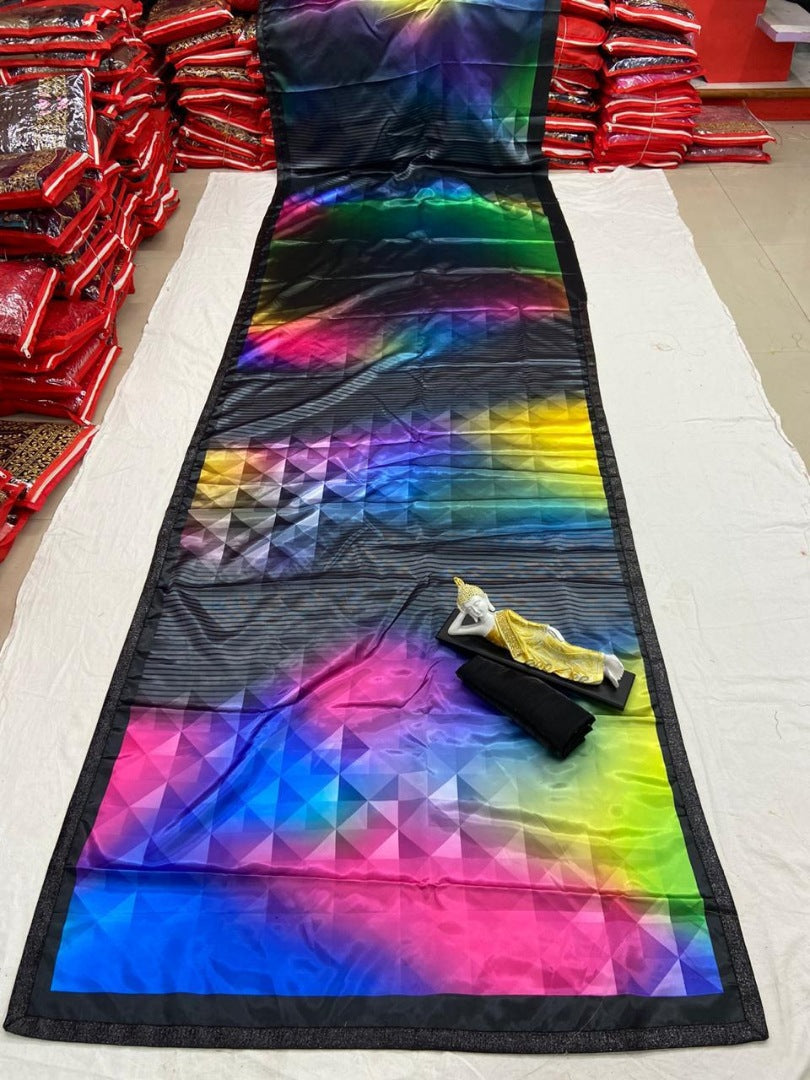 Black ultra satin multicolor printed saree