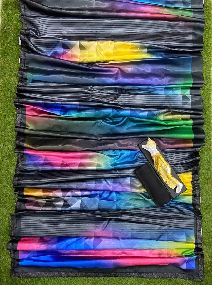 Black ultra satin multicolor printed saree