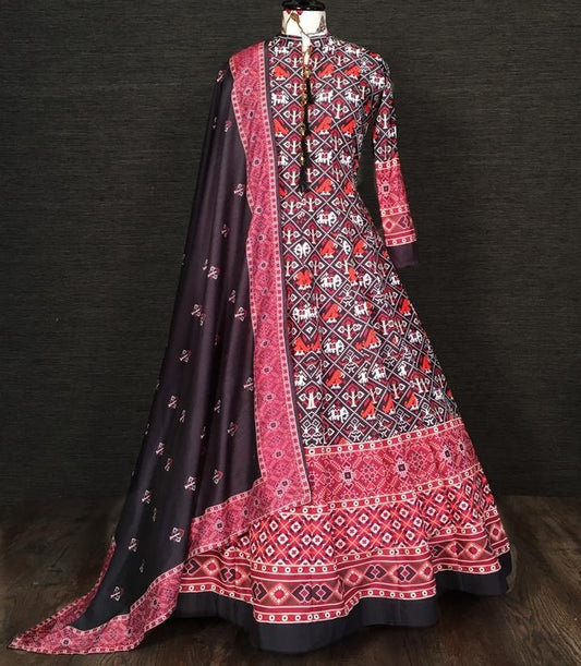 Black vaishali silk digital printed anarkali gown