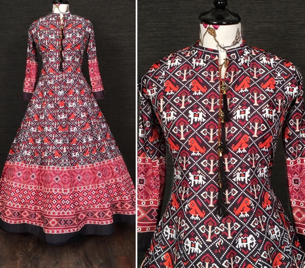 Black vaishali silk digital printed anarkali gown