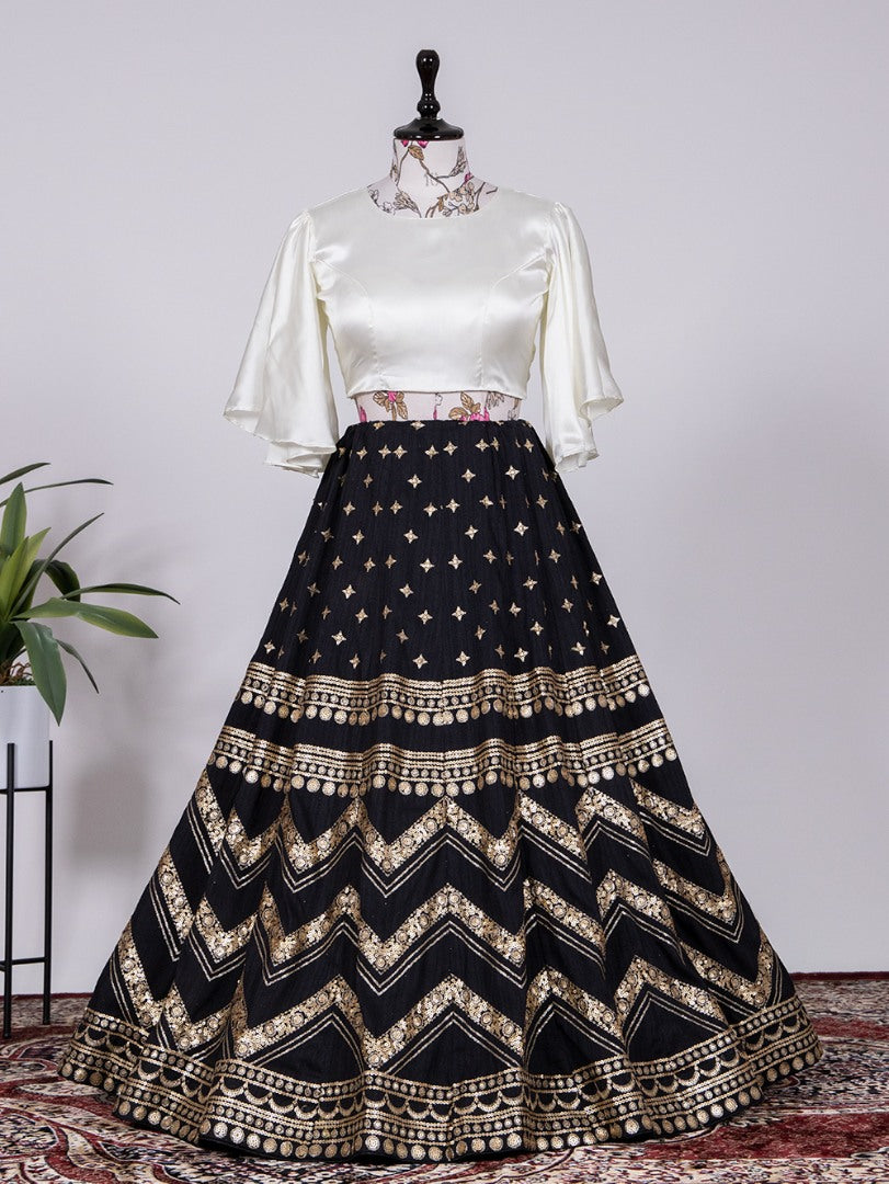 Black velvet banglory sequence embroidered crop top lehenga