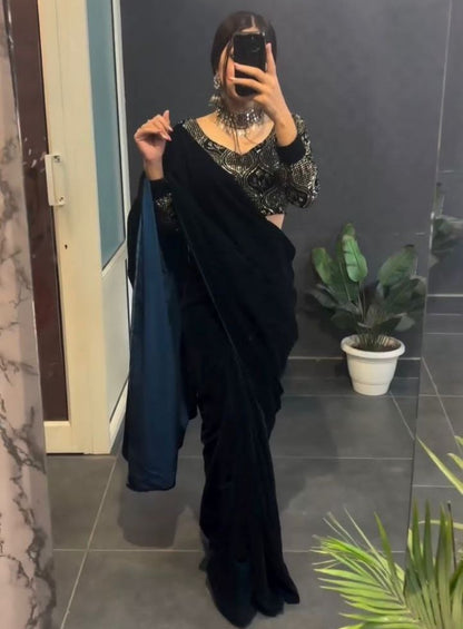 Black velvet designer party wear saree