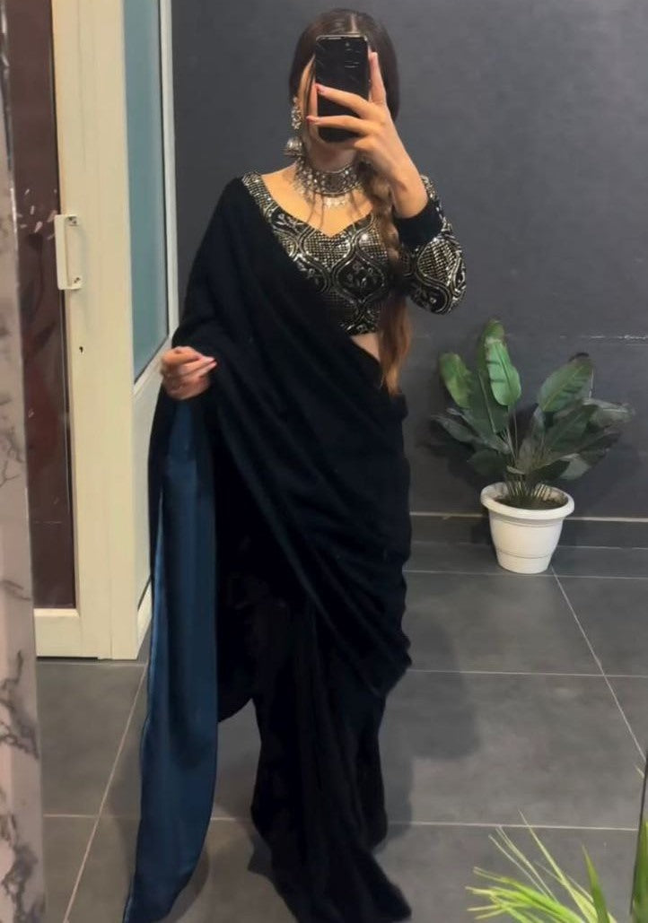 Black velvet designer party wear saree