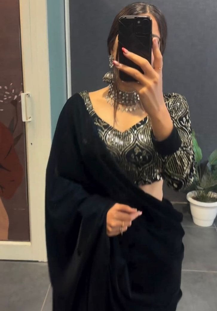 Black velvet designer party wear saree