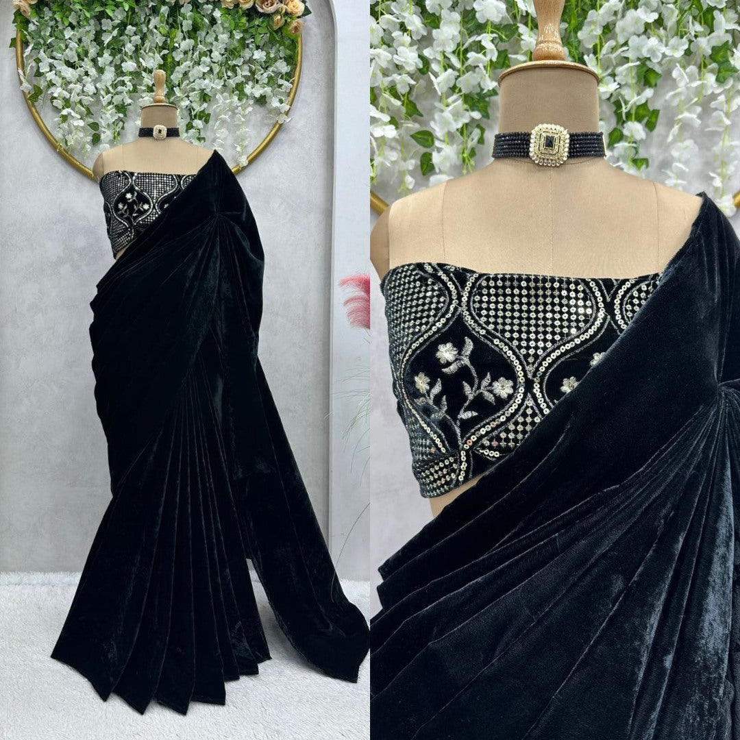 Black velvet designer party wear saree