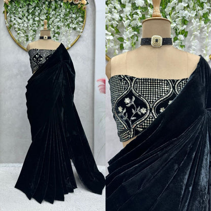 Black velvet designer party wear saree