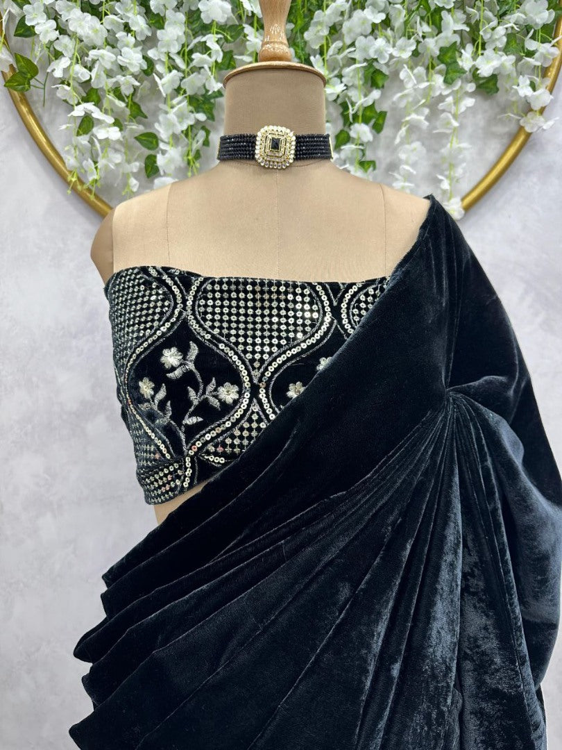 Black velvet designer party wear saree