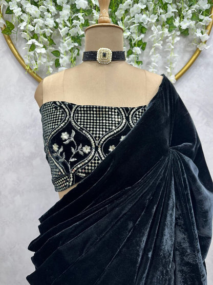 Black velvet designer party wear saree