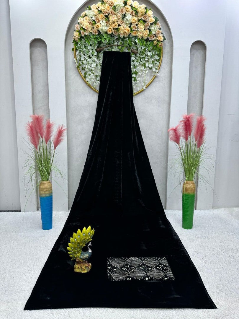 Black velvet designer party wear saree