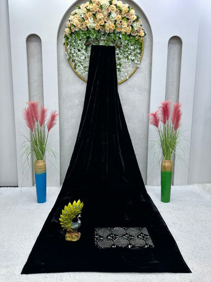 Black velvet designer party wear saree