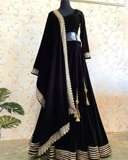 Black velvet dori work party wear lehenga choli