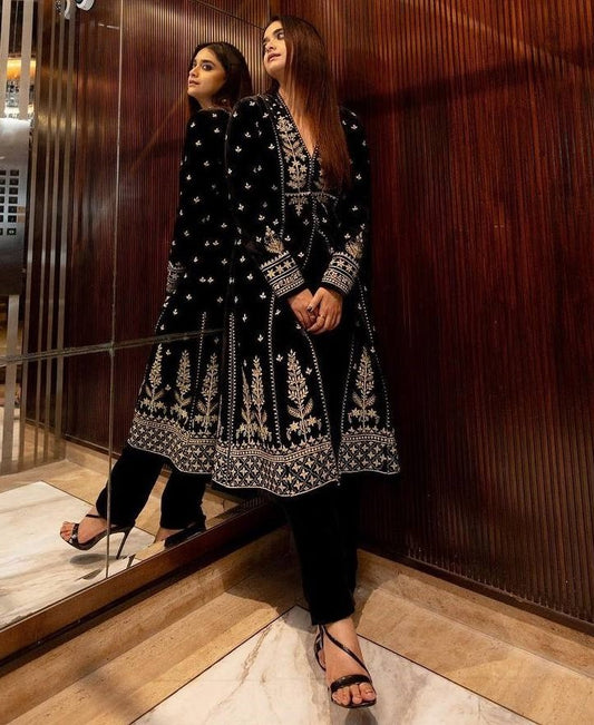 Black velvet embroidered party wear gown