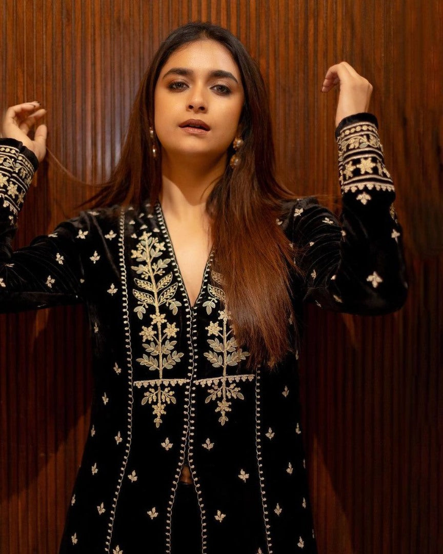 Black velvet embroidered party wear gown