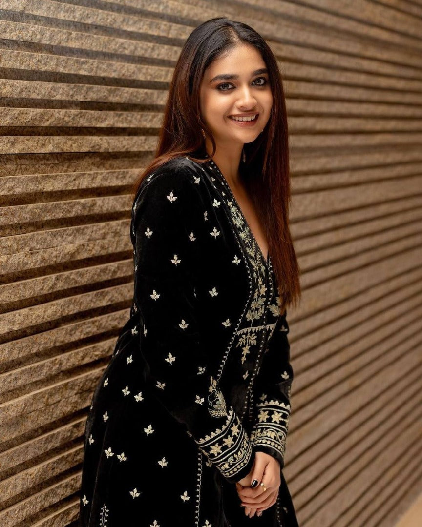 Black velvet embroidered party wear gown