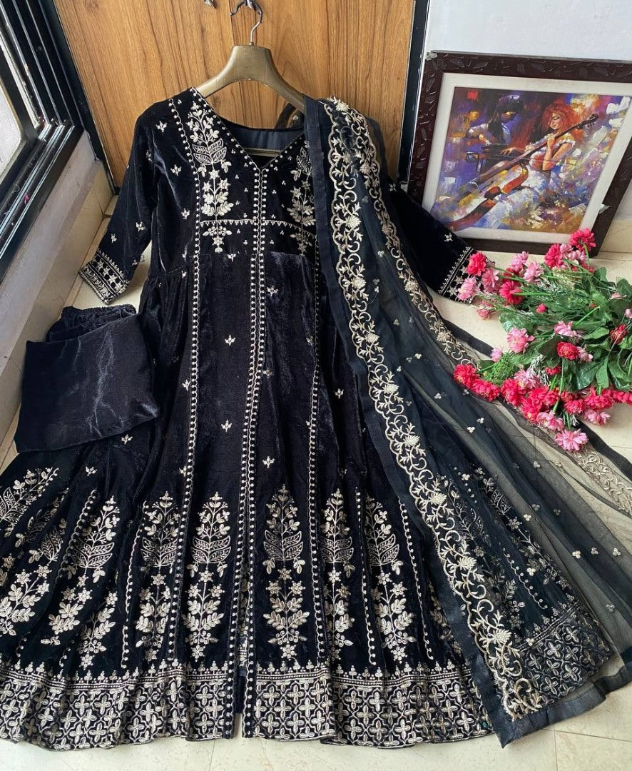 Black velvet embroidered party wear gown