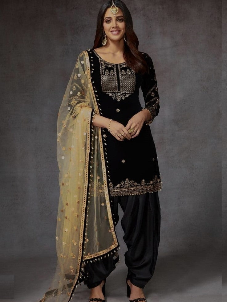 Black velvet embroidered patiala salwar suit