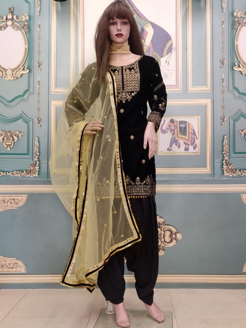 Black velvet embroidered patiala salwar suit