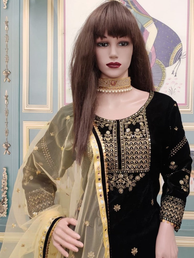 Black velvet embroidered patiala salwar suit