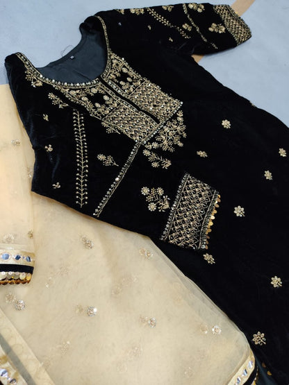 Black velvet embroidered patiala salwar suit