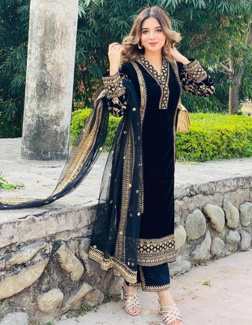 Black velvet embroidery work party wear palazzo suit