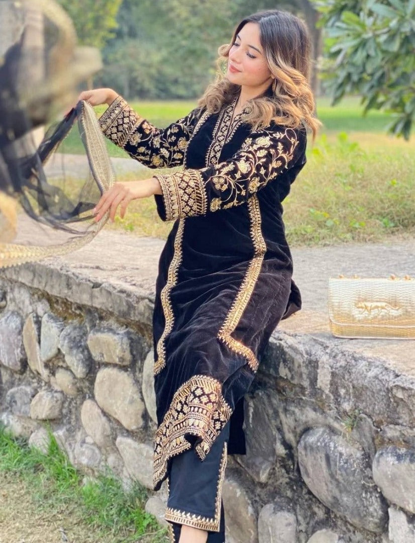 Black velvet embroidery work party wear palazzo suit
