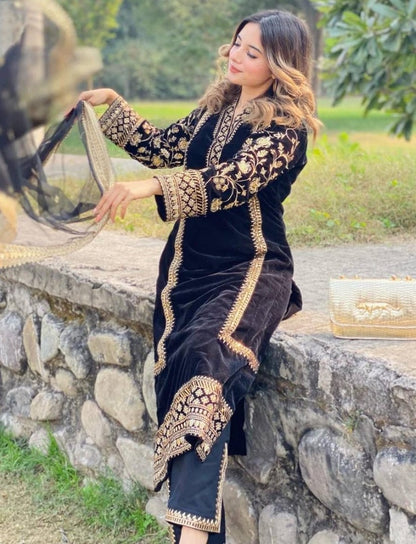 Black velvet embroidery work party wear palazzo suit