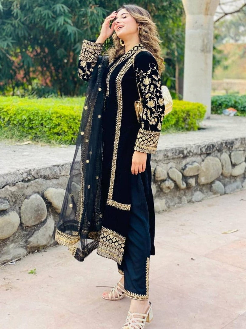 Black velvet embroidery work party wear palazzo suit