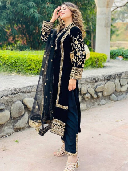 Black velvet embroidery work party wear palazzo suit