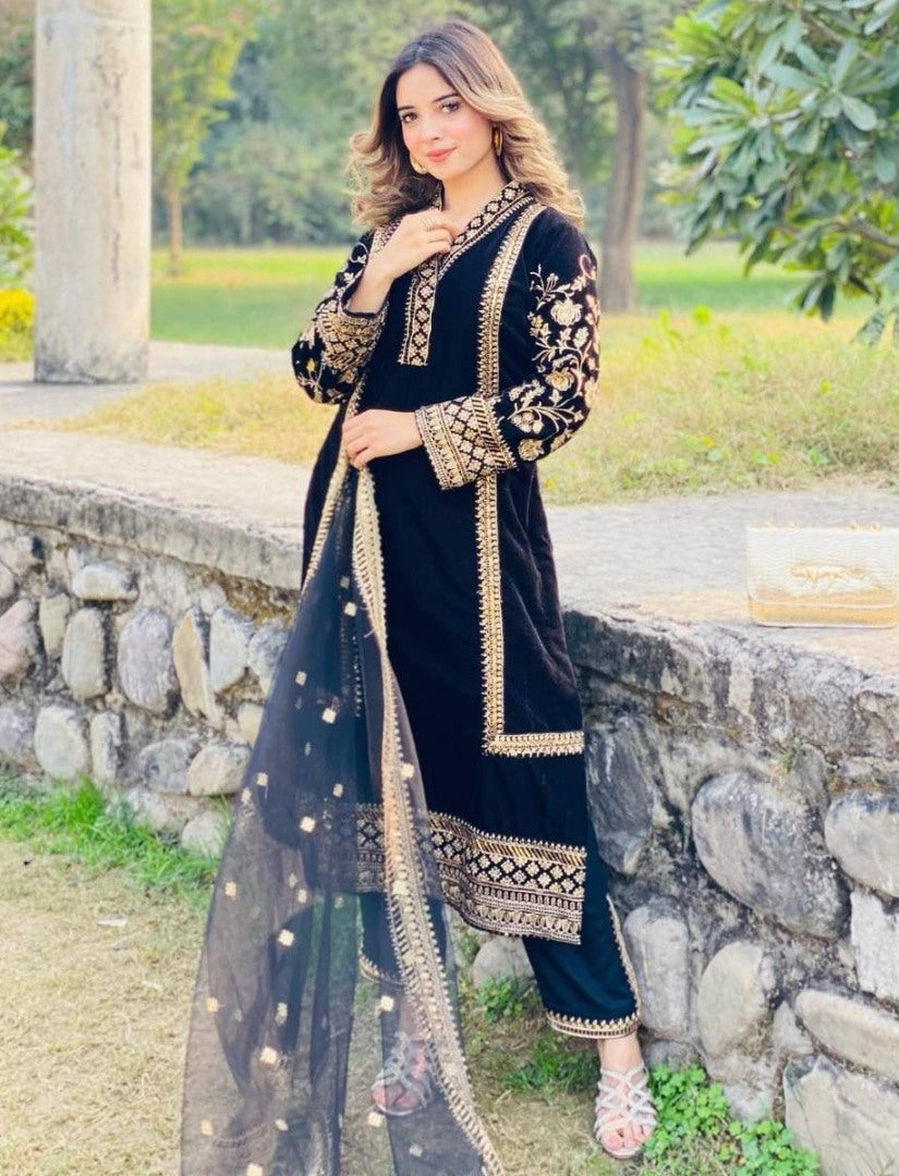 Black velvet embroidery work party wear palazzo suit